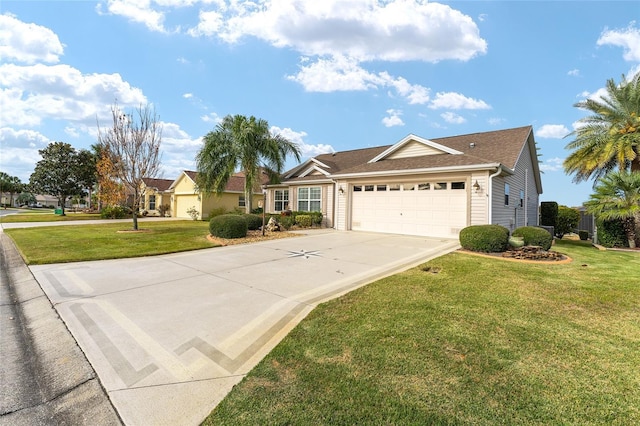 ranch-style house featuring a front lawn and a garage