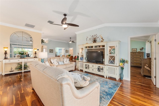 living room featuring ornamental molding, dark hardwood / wood-style floors, ceiling fan, and lofted ceiling