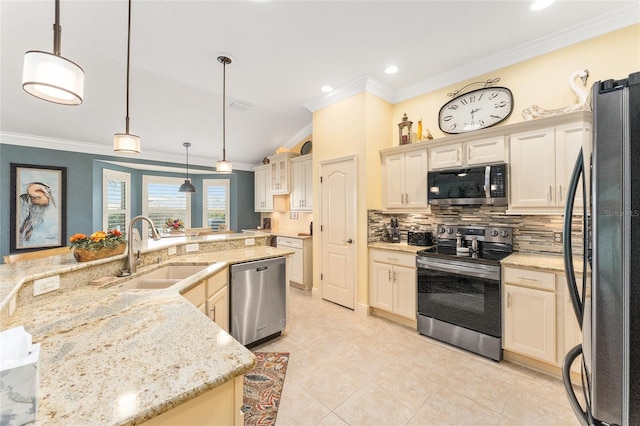 kitchen featuring light stone countertops, sink, vaulted ceiling, decorative light fixtures, and appliances with stainless steel finishes