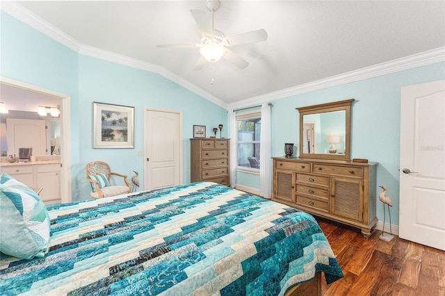 bedroom featuring ensuite bath, ceiling fan, dark hardwood / wood-style floors, crown molding, and lofted ceiling