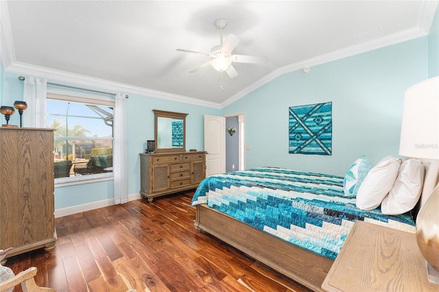 bedroom with lofted ceiling, dark wood-type flooring, ceiling fan, and ornamental molding