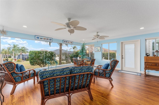 interior space featuring a mountain view, wood-type flooring, plenty of natural light, and ceiling fan