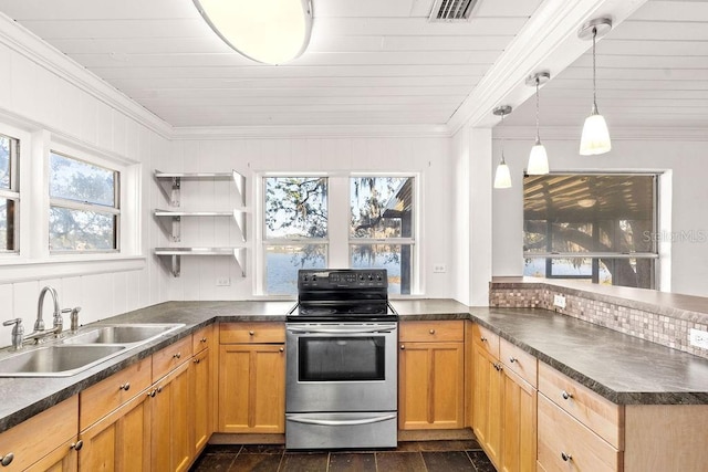 kitchen featuring decorative light fixtures, plenty of natural light, electric range, and sink