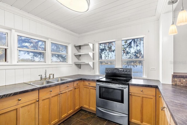 kitchen featuring pendant lighting, electric range, sink, crown molding, and wood ceiling