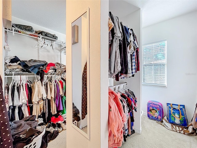 walk in closet with carpet