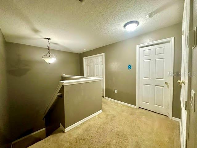 hall featuring light colored carpet and a textured ceiling