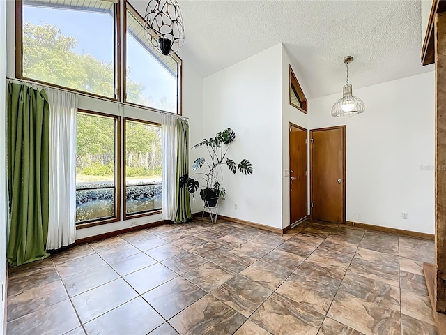 1701 Cedar Stone Ct, Lake Mary, FL 32746 - spare room with high vaulted ceiling, baseboards, and a textured ceiling