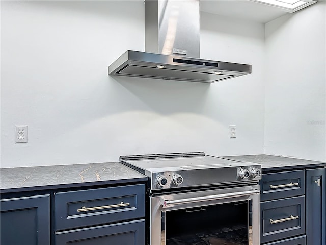 1701 Cedar Stone Ct, Lake Mary, FL 32746 - kitchen with island exhaust hood, stainless steel electric range oven, and blue cabinets