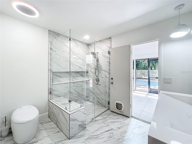 1701 Cedar Stone Ct, Lake Mary, FL 32746 - bathroom featuring marble finish floors, a marble finish shower, and toilet