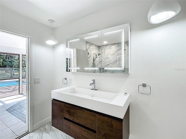 1701 Cedar Stone Ct, Lake Mary, FL 32746 - full bath featuring vanity, marble finish flooring, baseboards, and a shower