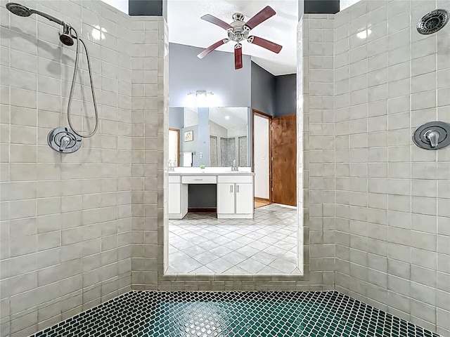 1701 Cedar Stone Ct, Lake Mary, FL 32746 - full bath featuring tile patterned flooring, ceiling fan, tiled shower, and vanity