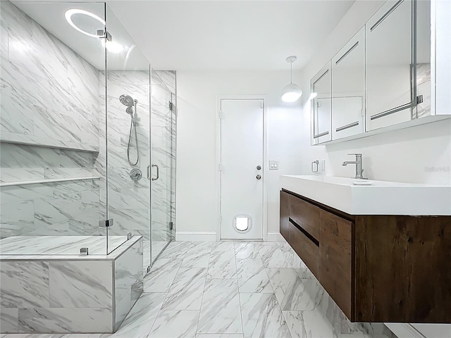 1701 Cedar Stone Ct, Lake Mary, FL 32746 - bathroom featuring a marble finish shower, vanity, marble finish floors, and baseboards
