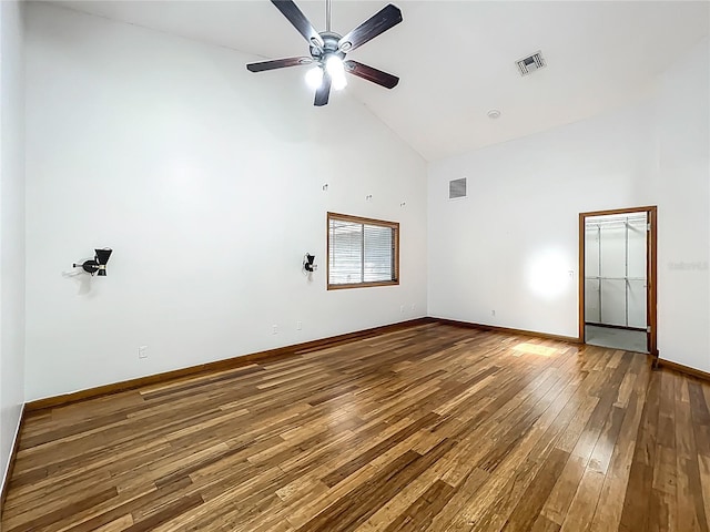 1701 Cedar Stone Ct, Lake Mary, FL 32746 - unfurnished room with high vaulted ceiling, wood-type flooring, a ceiling fan, and baseboards