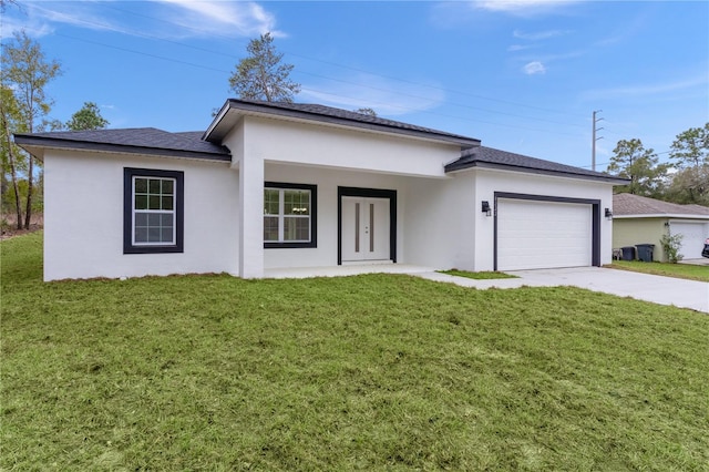 view of front of house with a garage, concrete driveway, a front lawn, and stucco siding