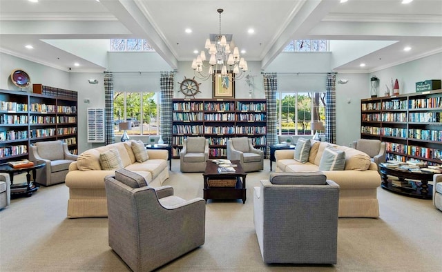 2022 Wallingford Loop, Mount Dora, FL 32757 - carpeted living room featuring bookshelves, plenty of natural light, ornamental molding, a chandelier, and recessed lighting