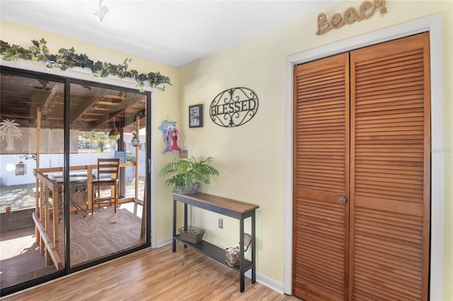 entryway with hardwood / wood-style flooring and a textured ceiling