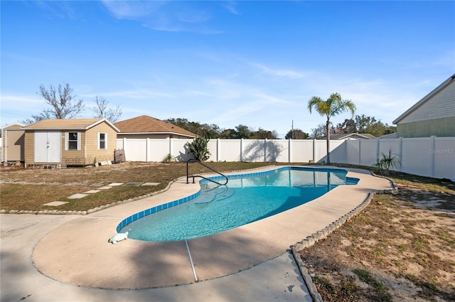 view of pool with a storage unit