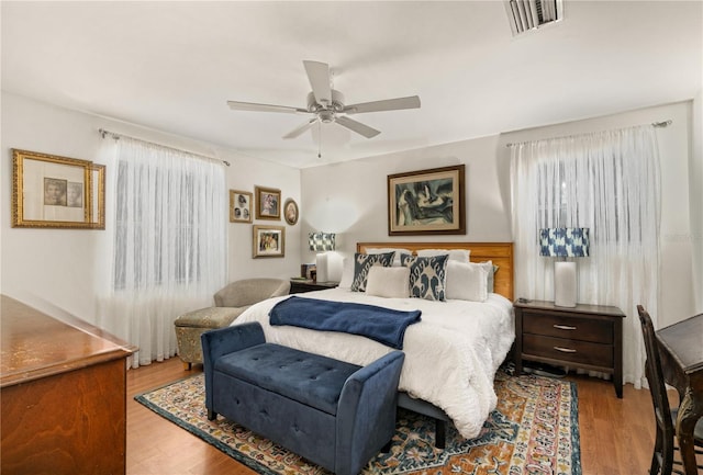 bedroom with ceiling fan and light wood-type flooring