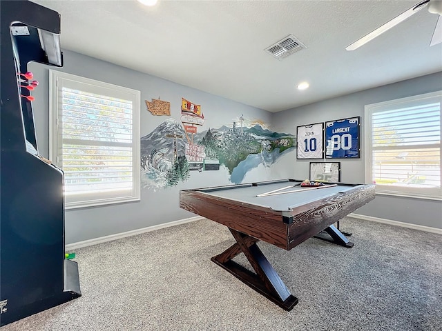 game room featuring carpet, a healthy amount of sunlight, and pool table