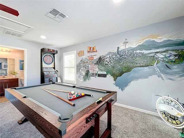 recreation room with light carpet and pool table