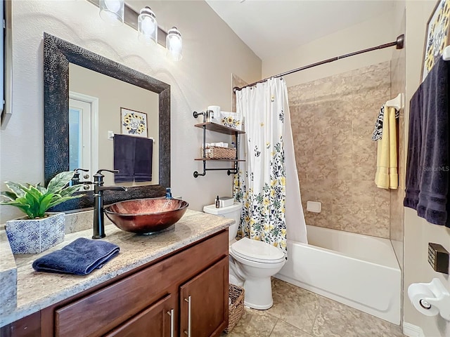 full bathroom featuring vanity, toilet, and shower / bathtub combination with curtain