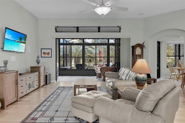 living room with ceiling fan and light wood-type flooring