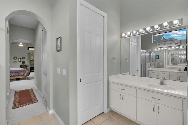 bathroom with vanity, tile patterned floors, and ceiling fan