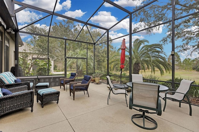 view of patio / terrace with a lanai and outdoor lounge area