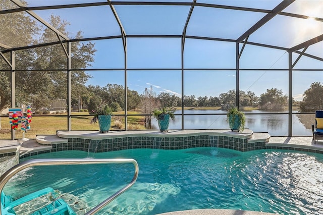 view of swimming pool featuring a water view and a lanai