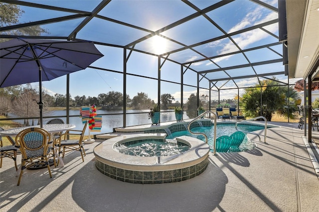 view of pool with a water view, an in ground hot tub, a lanai, and a patio area