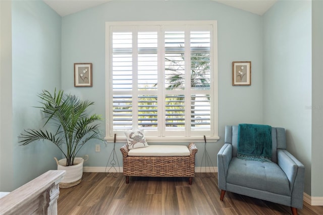 sitting room featuring lofted ceiling and hardwood / wood-style floors