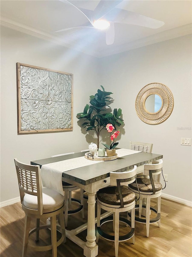 dining room with crown molding and light hardwood / wood-style floors