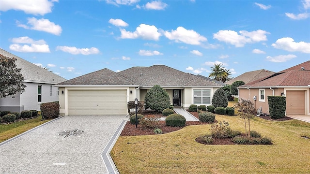 view of front of property featuring a front yard and a garage