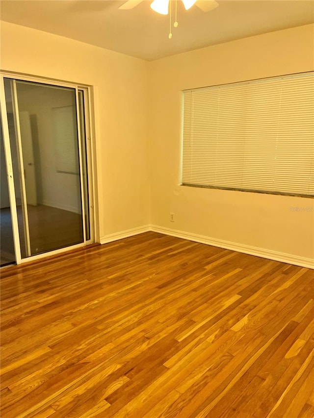 unfurnished bedroom featuring ceiling fan, a closet, and wood-type flooring