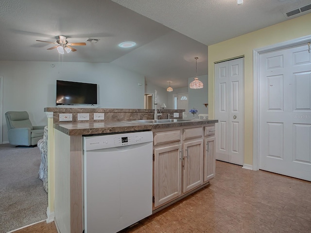 kitchen with dishwasher, a kitchen island with sink, light carpet, and decorative light fixtures