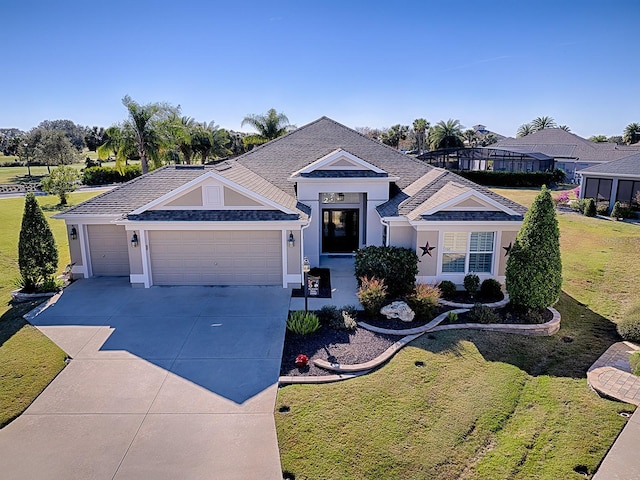 single story home featuring a front yard and a garage