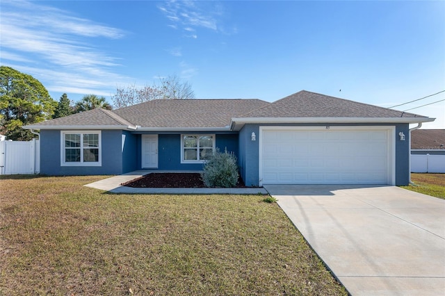 single story home featuring a front yard and a garage