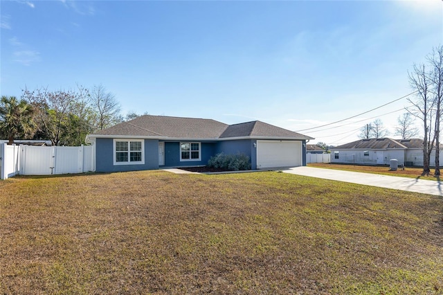 single story home featuring a front yard and a garage