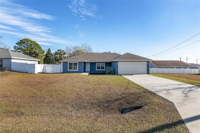 ranch-style house with a front yard and a garage