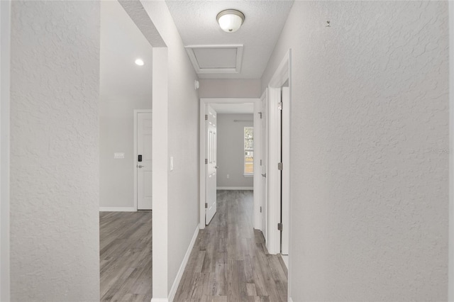 hall featuring a textured ceiling and light hardwood / wood-style flooring