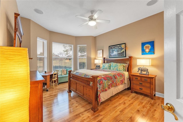 bedroom featuring ceiling fan and light wood-type flooring