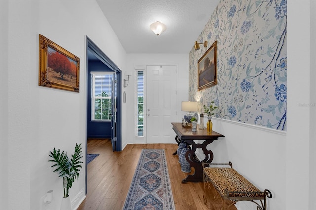 entrance foyer with hardwood / wood-style flooring and a textured ceiling