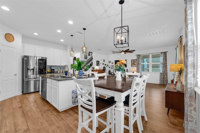 kitchen with appliances with stainless steel finishes, white cabinets, a kitchen island with sink, and decorative light fixtures