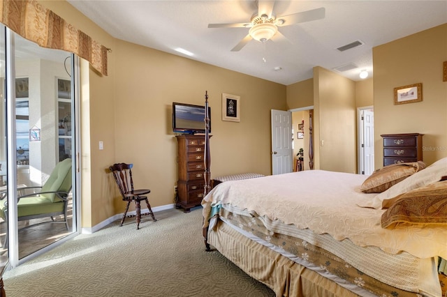 bedroom with carpet floors, access to outside, and ceiling fan