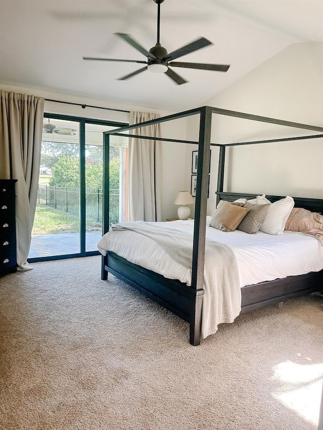 carpeted bedroom featuring access to outside, ceiling fan, and lofted ceiling