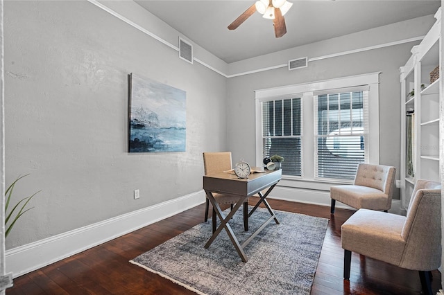 office featuring ceiling fan and dark wood-type flooring