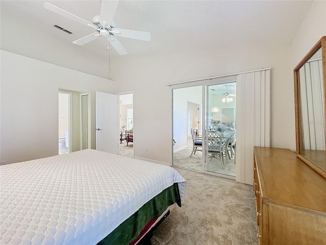 carpeted bedroom featuring access to outside, ceiling fan, and lofted ceiling