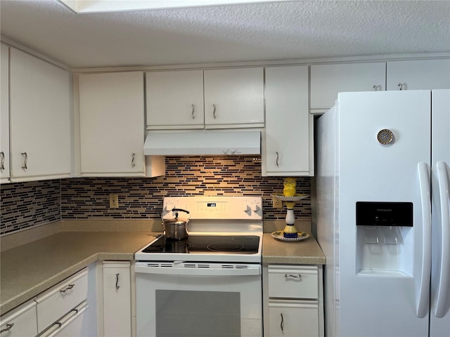 kitchen with tasteful backsplash, a textured ceiling, white appliances, white cabinetry, and range hood