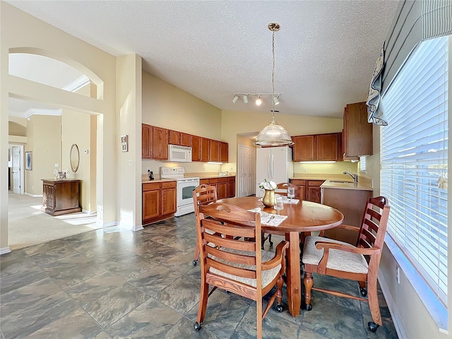 dining space featuring lofted ceiling, sink, and a textured ceiling