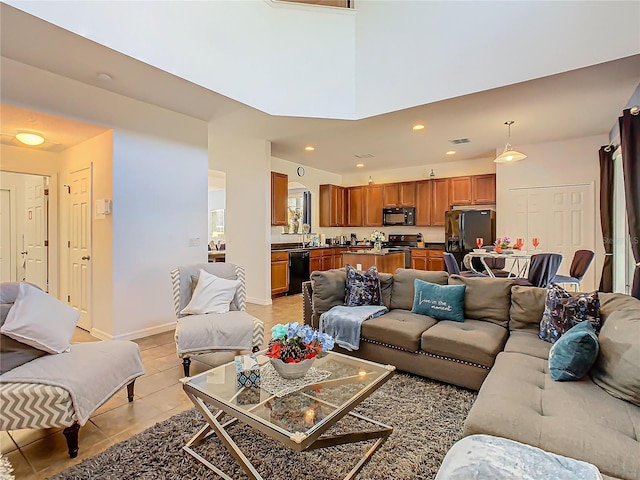 living room with light tile patterned floors